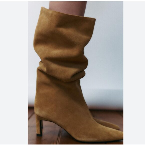 Zara Womens Knee High Boots Wide Shaft Split Leather Dark Tan US 11 EU 42 NWT - Picture 10 of 10